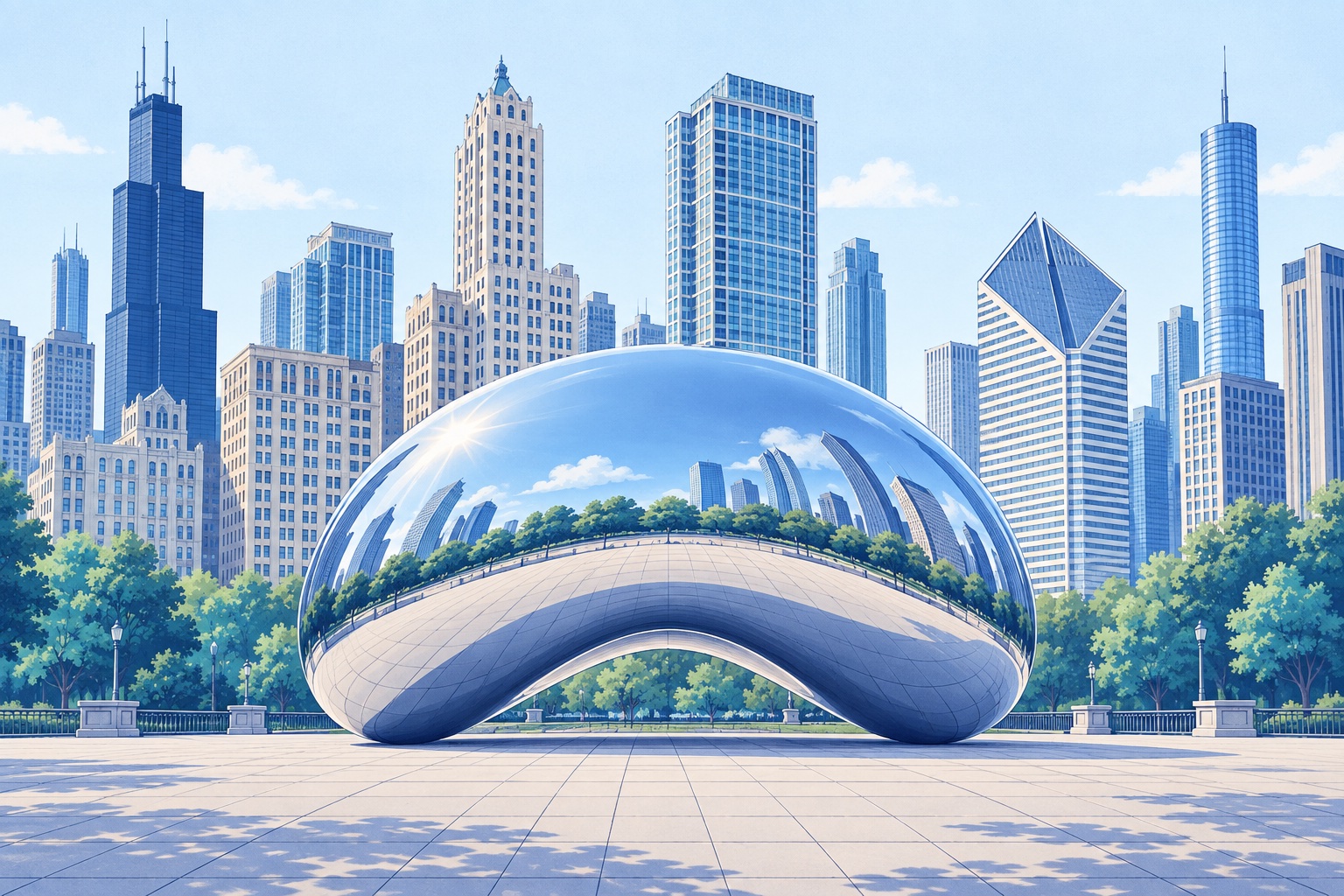 Illustration of Cloud Gate in Millennium Park in Chicago, IL