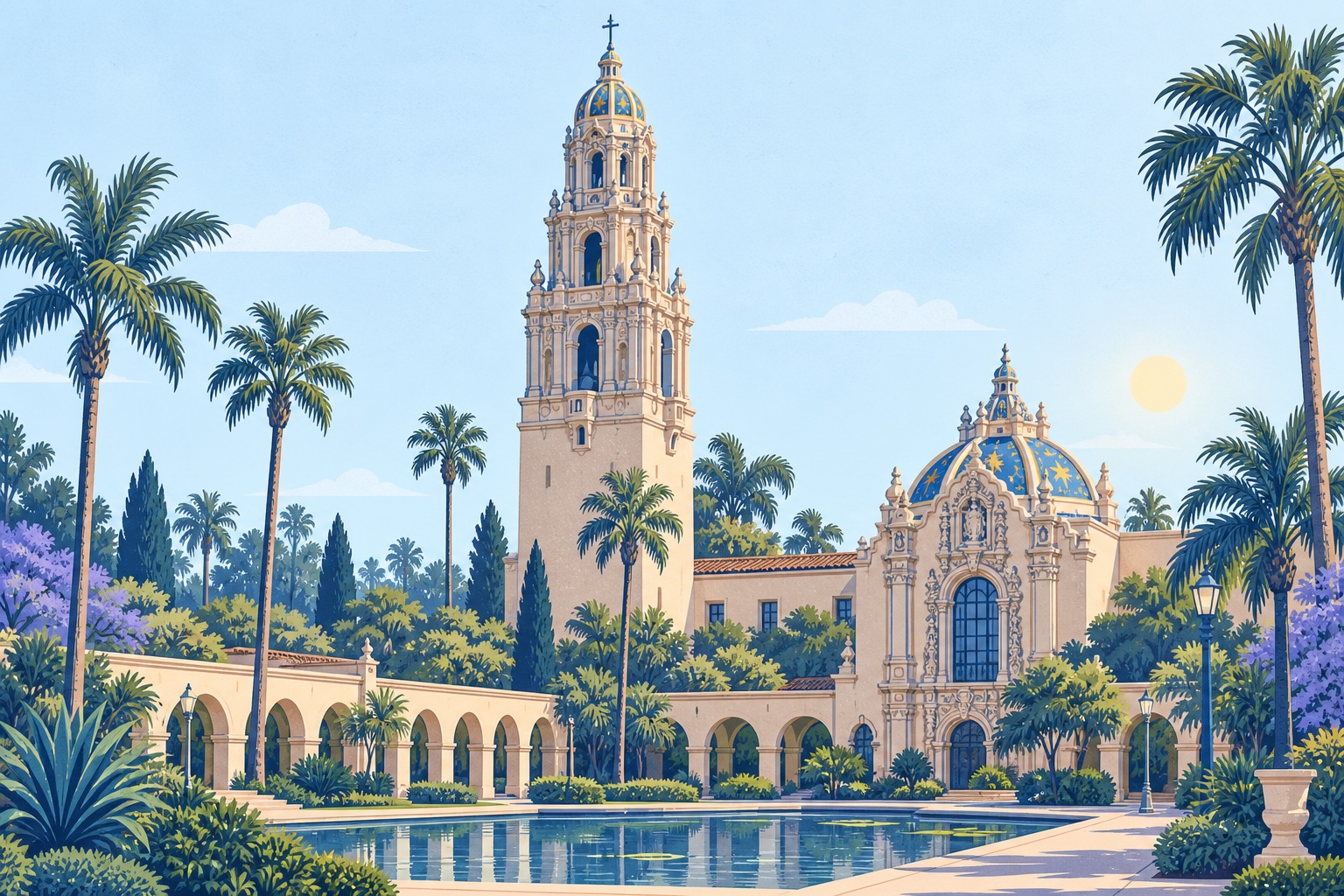 Illustration of California Tower in Balboa Park in San Diego, CA